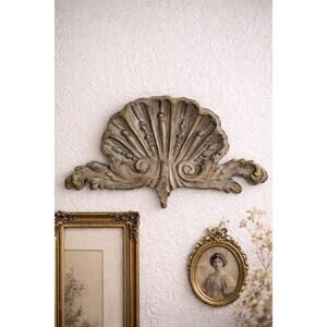 Vintage Rococo Shell Wall Decor Chalkware Taupe Aged Finish Baroque Plaque